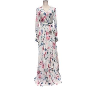 RICARICA Ivory Pink Blue Floral Maxi Dress Medium Boho Romantic Tie Waist Lined